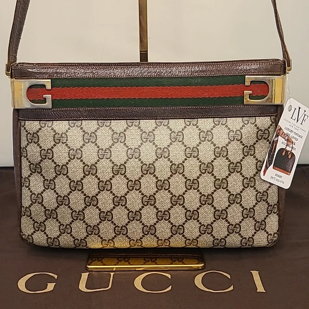 GUCCI VINTAGE 1970'S WEB SHERRY LINE COATED CANVAS/LEATHER SHOULDER BAG- RARE - Picture 1 of 17